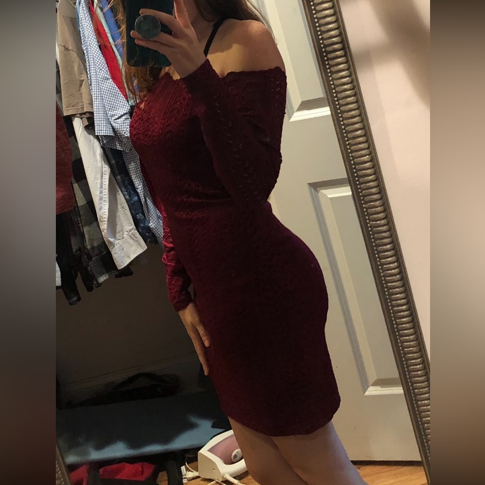 Maroon off the shoulder dress.